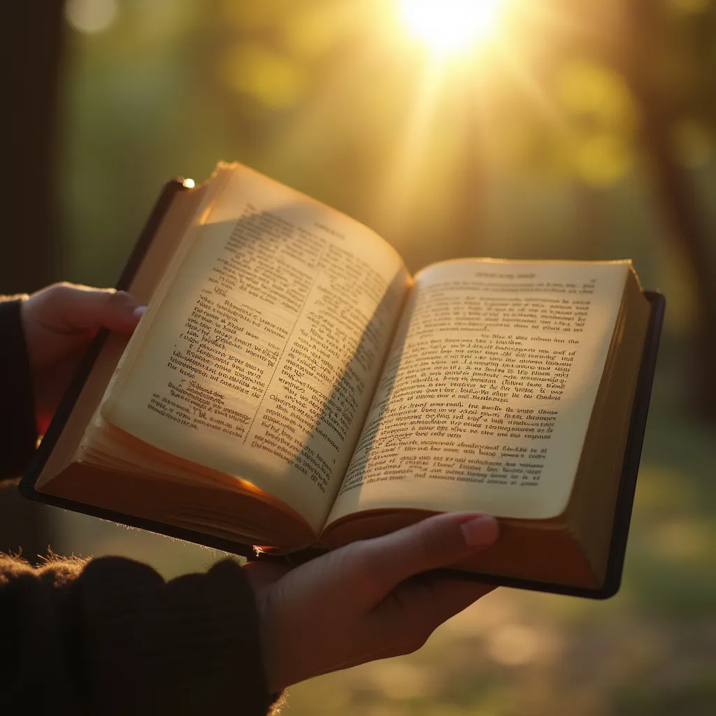 Mano sosteniendo un libro con un título inspirador bajo la luz del sol.