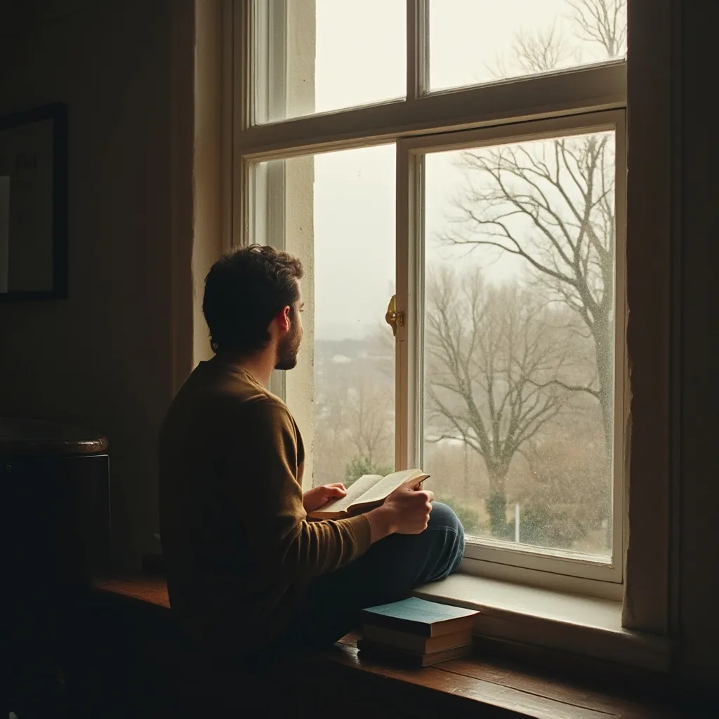 Persona mirando pensativamente por una ventana con un libro cerca.