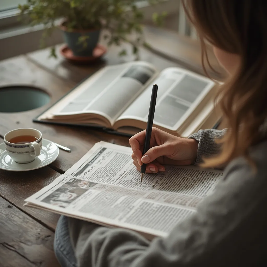 Persona escribiendo en un diario al lado de un libro abierto.